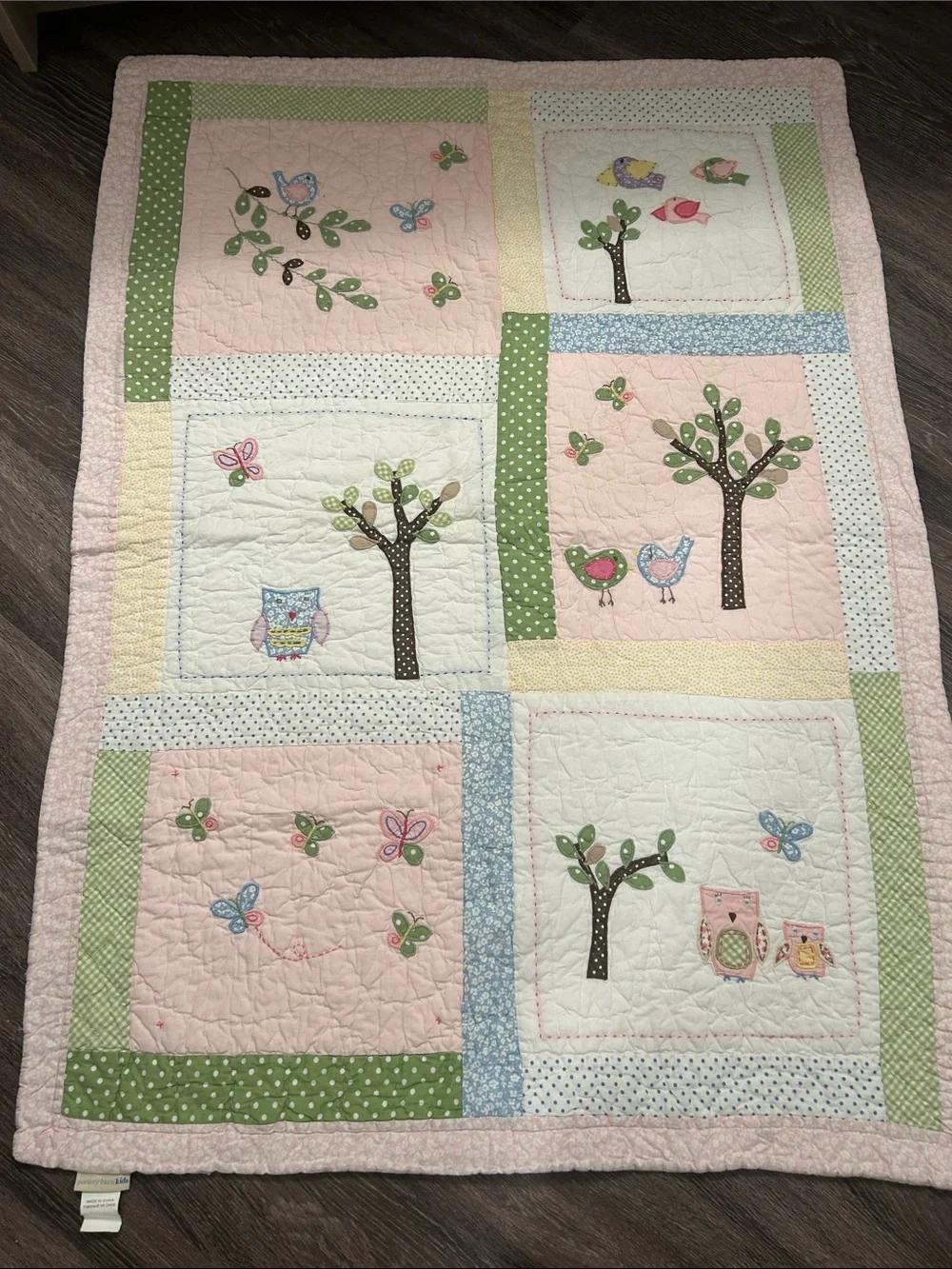 POTTERY BARN KIDS Baby Girl Pink & Pastel Tree and Owl Patchwork Quilt - Brand